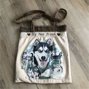 MY BEST FRIEND Husky Dog Lover's Tote Canvas Bag - Cream and Brown